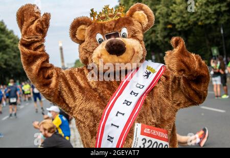 Berlin, Deutschland. August 2021. Leichtathletik, Generali Berlin Halbmarathon 2021: Ein Teilnehmer in einem Bärenkostüm winkt den Läufern zu. Quelle: Andreas Gora/dpa/Alamy Live News Stockfoto