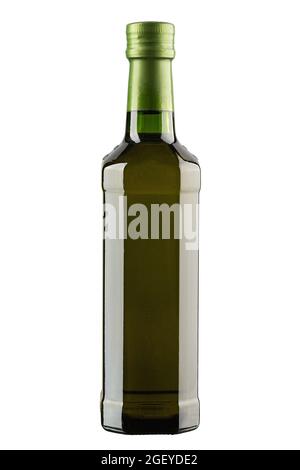 Flasche mit extra nativem Olivenöl isoliert auf weißem Hintergrund. Datei enthält Beschneidungspfad. Stockfoto