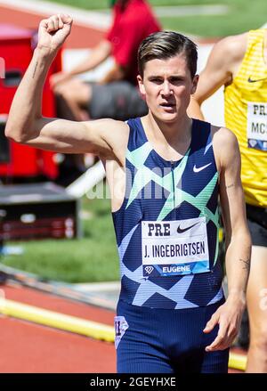 21. August 2021 Eugene ODER USA: Jakob Ingebrigtsen gewinnt die bowerman Mile während des Nike Prefontaine Classic bei Hayward Field Eugene oder Thurman James/CSM Stockfoto