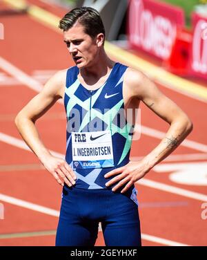 21. August 2021 Eugene ODER USA: Jakob Ingebrigtsen gewinnt die bowerman Mile während des Nike Prefontaine Classic bei Hayward Field Eugene oder Thurman James/CSM Stockfoto