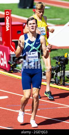 21. August 2021 Eugene ODER USA: Jakob Ingebrigtsen gewinnt die bowerman Mile während des Nike Prefontaine Classic bei Hayward Field Eugene oder Thurman James/CSM Stockfoto