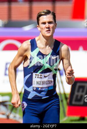 21. August 2021 Eugene ODER USA: Jakob Ingebrigtsen gewinnt die bowerman Mile während des Nike Prefontaine Classic bei Hayward Field Eugene oder Thurman James/CSM Stockfoto