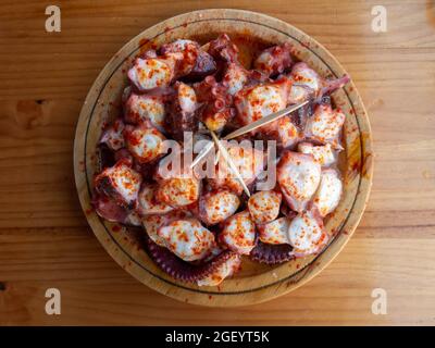 Polbo a feira bedeutet fair-style Krake in gallego oder pulpo a la gallega in Spanisch bedeutet galizisch-Stil Krake ein traditionelles galizisches Gericht Top vi Stockfoto