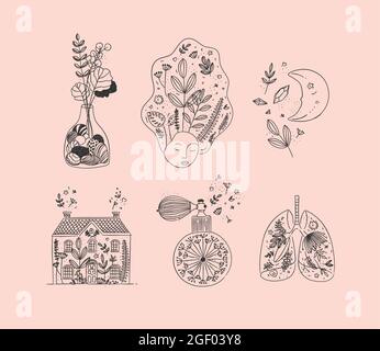 Set von Blumenkunst-Ikonen in handgefertigten Linie Stil Vase mit Blumen, Frau Gesicht, Mond, Haus, Parfüm-Flasche, Menschliche Lungen, die auf hellbraunem Rücken aufziehen Stock Vektor
