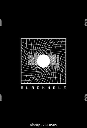 Schwarzes Loch-T-Shirt und Bekleidungsdesign mit verzerrtem Raster um den weißen Kreis. Illustration der Raumästhetik der 1980er Jahre. Schwarz-Weiß-Druck Stock Vektor