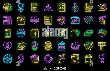 Symbole für wohltätige Spenden. Skizzieren Sie Set von karitativen geben Vektor-Symbole Neonfarbe auf schwarz Stock Vektor