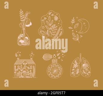 Set von Blumenkunst-Ikonen in handgefertigten Linie Stil Vase mit Blumen, Frau Gesicht, Mond, Haus, Parfüm-Flasche, Menschliche Lungen, die auf Senffarbe zurückfallen Stock Vektor