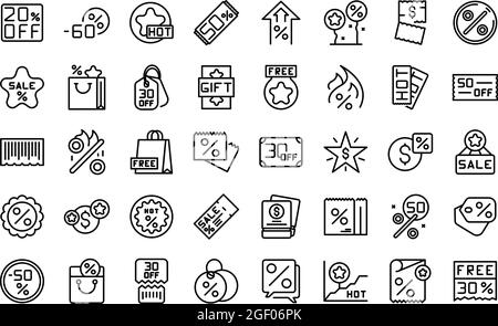 Symbole für Werbecodes legen einen Gliederungsvektor fest. Gutscheinrabatt. Preis in Prozent Stock Vektor