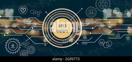 ISO 9001-Symbol. ISO-Normen Qualitätssicherung Gewährleistung Business Technologie Konzept. Gemischte Medien Stockfoto