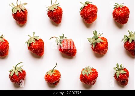 Muster von echten ehrlichen Bauernhof Bio-Beeren-Erdbeeren isoliert auf weißem Hintergrund. Saisonale Sommer Essen Draufsicht, flach legen Stockfoto