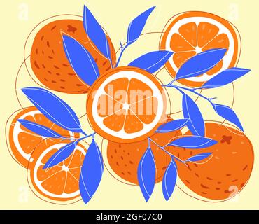 Orange und Scheibe Doodle von Hand gezeichnet. Sommer gelbe Früchte. Vektorgrafik Stock Vektor
