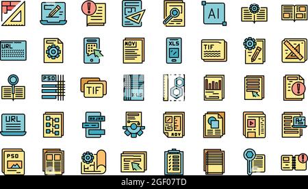 Symbole für technische Dokumente festgelegt. Skizzieren Sie eine Reihe von Vektorsymbolen für technische Dokumente, dünne Linien, flach auf Weiß Stock Vektor