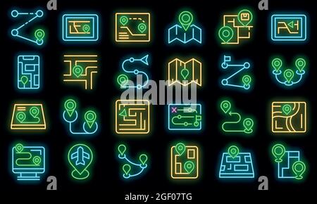 Symbole für den Reiseplan festgelegt. Umreiß eine Reihe von Vektor-Symbolen für den Reiseverlauf in Neonfarbe auf Schwarz Stock Vektor