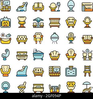 Lounge-Symbole gesetzt. Skizzieren Sie eine Reihe von Lounge-Vektor-Symbolen dünne Linie Farbe flach auf weiß Stock Vektor