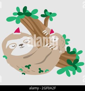 Frohe Weihnachten! Weihnachten niedlichen Faultier.Mutter und Kind. Stock Illustration Stock Vektor