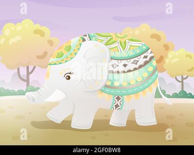 Ein gekleideter Elefant, der durch den Wald läuft. Vektorgrafik. Stock Vektor