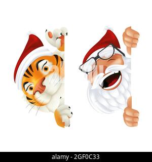 Lustige Cartoon Santa Claus und Tiger - Symbol des Jahres durch chinesischen Kalender. Lachende und lächelnde Weihnachtsfiguren, die hinter dem Vertikum gucken Stock Vektor