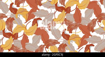 Schönes nahtloses Vektor-Blumenmuster mit tropischen Dschungelblättern. Luxus Gold und Natur roten Hintergrund. Exotisches botanisches Design für Textil, Wand Stock Vektor