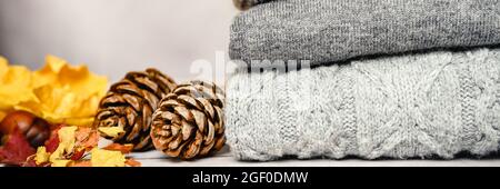 Herbstlich gelbe Ahornblätter, Tannenzapfen und Kastanien neben einem Stapel von gestrickten gemütlichen warmen Winterpullover in mehreren Grautönen auf einem grauen Hintergrund Stockfoto