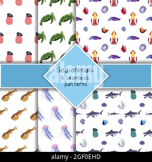 Set mit sechs Seetönen mit Quallen, Tintenfisch und Schildkröte, Hummerkopfhai. Unterwasser Welt Bewohner drucken. Handgezeichnete Unterwasserwelt Sammlung. Lustige Cartoon Meerestiere Stock Vektor