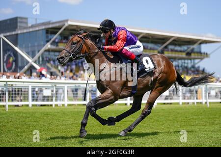 Datei-Foto vom 16-07-2021 von Frankie Dettori, der auf Reach for the Moon reitet, kommt nach Hause, um die bet365 EBF Novice Stakes auf der Rennbahn Newbury zu gewinnen. Ausgabedatum: Sonntag, 22. August 2021. Stockfoto