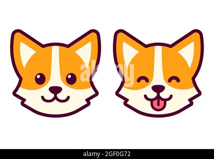 Cute Cartoon Corgi Gesichtszeichnung, normal und Zunge aus. Niedliches Hundekopf-Symbol, Vektor-Illustration-Set. Stock Vektor