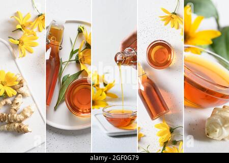 Collage aus Jerusalemer Artischockensirup in Schale, Blumen und Wurzel auf weißem Hintergrund. Stockfoto