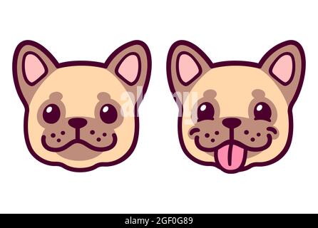 Lustige Cartoon Französisch Bulldog Welpen Gesicht, normal und Zunge aus. Niedliche Frenchie Hund Zeichnung, Vektor-Illustration-Set. Stock Vektor