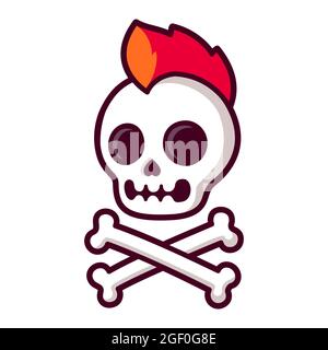 Cool Cartoon Punk Rock Totenkopf und Kreuzknochen mit leuchtend roten Mohawk. Comic-Stil Jolly Roger Symbol. Vektorgrafik Clip Art Illustration. Stock Vektor