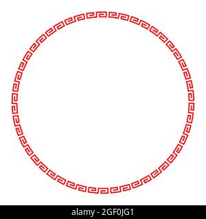 Roter Mäander-Kreis mit einfachem Mäander-Muster. Rahmen und Zierrand aus eckigen Spiralen, geformt zu einem nahtlosen Motiv. Griechischer Schlüssel. Stockfoto