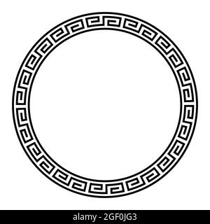 Kreisrahmen mit einfachem Mäander-Muster. Dekorativer Rahmen und Ring aus eckigen Spiralen, geformt zu einem nahtlosen Motiv, in zwei Kreisen. Stockfoto