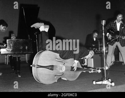 1958. November, Bill Haley und seine Kometen bei einem Konzert auf der Bühne, Al Rex am Kontrabass liegend, Straßburg, Elsass, Frankreich, Europa, Stockfoto