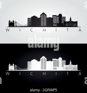 Wichita USA Skyline und Wahrzeichen Silhouette, Schwarz-Weiß-Design, Vektor-Illustration. Stock Vektor