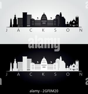 Jackson USA Skyline und Wahrzeichen Silhouette, Schwarz-Weiß-Design, Vektor-Illustration. Stock Vektor