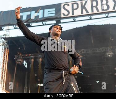 Chicago, USA. August 2021. Ski Mask the Slump God (Stokeley Clevon Goulbourne) während des lyrischen Lemonade Summer Smash Music Festival im Douglass Park am 20. August 2021 in Chicago, Illinois (Foto: Daniel DeSlover/Sipa USA) Quelle: SIPA USA/Alamy Live News Stockfoto
