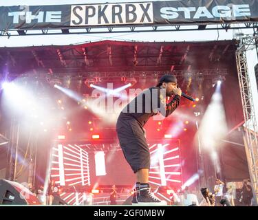 Chicago, USA. August 2021. Ski Mask the Slump God (Stokeley Clevon Goulbourne) während des lyrischen Lemonade Summer Smash Music Festival im Douglass Park am 20. August 2021 in Chicago, Illinois (Foto: Daniel DeSlover/Sipa USA) Quelle: SIPA USA/Alamy Live News Stockfoto