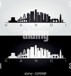 Silhouette von Hanoi und Wahrzeichen, Schwarz-Weiß-Design, Vektorgrafik. Stock Vektor