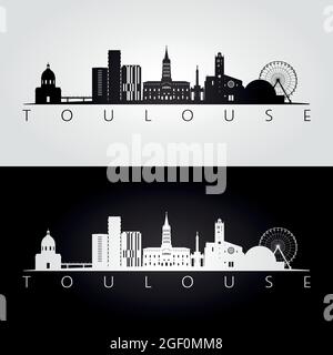 Skyline von Toulouse und Wahrzeichen Silhouette, schwarz-weißes Design, Vektor-Illustration. Stock Vektor