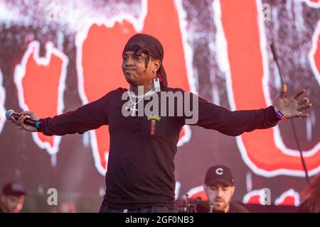 Chicago, USA. August 2021. Ski Mask the Slump God (Stokeley Clevon Goulbourne) während des lyrischen Lemonade Summer Smash Music Festival im Douglass Park am 20. August 2021 in Chicago, Illinois (Foto: Daniel DeSlover/Sipa USA) Quelle: SIPA USA/Alamy Live News Stockfoto