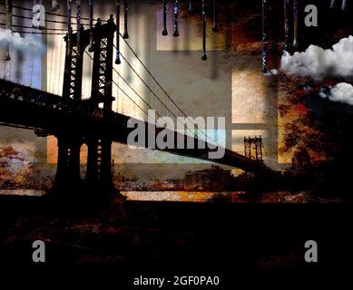 New York Grunge. Manhattan Bridge. Moderne Kunst. 3D-Rendering Stockfoto