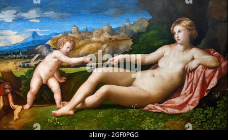 Venus und Amor von Palma il Vecchio (geb. Jacopo Palma c. 1480 -1528), Öl auf Leinwand, c. 1523/4 Stockfoto