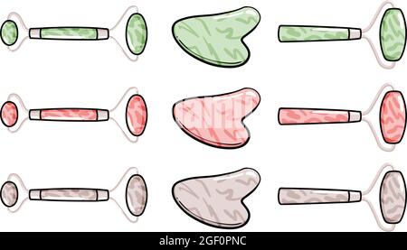 Gua Sha und Gesichtsmassage Roller Werkzeug isoliert auf weißem Hintergrund. Quarts Stein selbst Massage Schaber. Home Face Beauty-Routine. Moderner flacher Doodle-Satz mit Illustrationen von Gua Sha und Jadewalzen. Stock Vektor