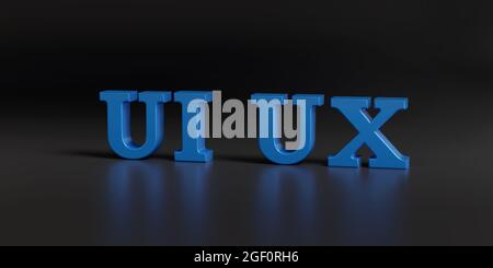 UI UX-Text in drei Dimensionen auf dunklem Hintergrund. 3d-Illustration. Stockfoto