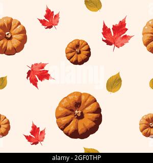 Herbst nahtloses Vektor-Muster mit roten und gelben Blättern und orangefarbenen Kürbissen. Herbst Saison Elemente für Tapete, Hintergrund, Banner und Gruß. Stock Vektor