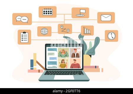 Flache lächelnde Menschen haben virtuelle Geschäftstreffen. Online-Videokonferenz, Remote-Working-Konzept. Soziale Fernkommunikation. Gruppe von glücklichen Kollegen auf dem Bildschirm Laptop. Mitarbeiter arbeiten von zu Hause aus Stock Vektor
