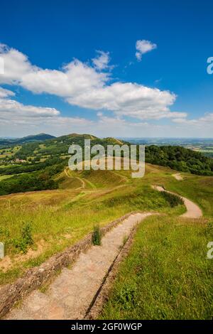 Ein Blick auf die Malvern Hills vom British Camp Iron Age Hillfort, Worcestershire, England Stockfoto