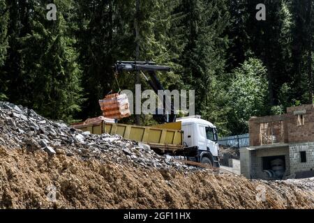 Side Bottom pov großen modernen LKW mit montierten Selbstladekran Arm Boom Entladen Palette von neuen Ziegeln auf dem Land ländlichen Wald Vorort Stockfoto