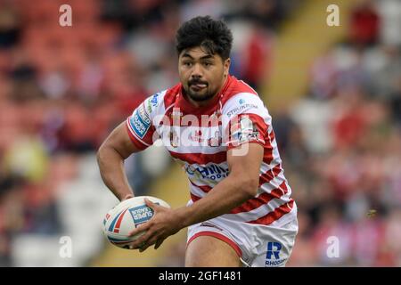 Leigh, Großbritannien. August 2021. James Bell (13) von Leigh Centurions läuft mit dem Ball in Leigh, Vereinigtes Königreich am 8/22/2021. (Foto von Simon Whitehead/News Images/Sipa USA) Quelle: SIPA USA/Alamy Live News Stockfoto