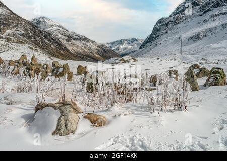 Winterlandschaft am Julierpass, Graubünden, Schweiz Stockfoto