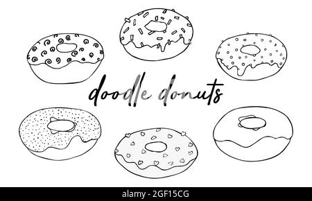 Süße Desserts. Set Donut Doodles. vektor-Illustration. Zeichnung Linie Donuts. Skizze von leckeren Donuts. Stock Vektor